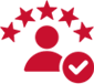 Red icon depicting a person under five stars with a checkmark beside them, representing a top-rated or highly approved individual.