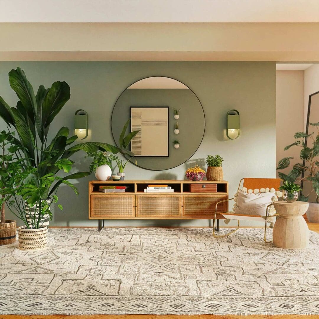 A contemporary living room with a large mirror, rattan console table, potted plants, a patterned rug, and a wicker chair with cushions against a green accent wall.